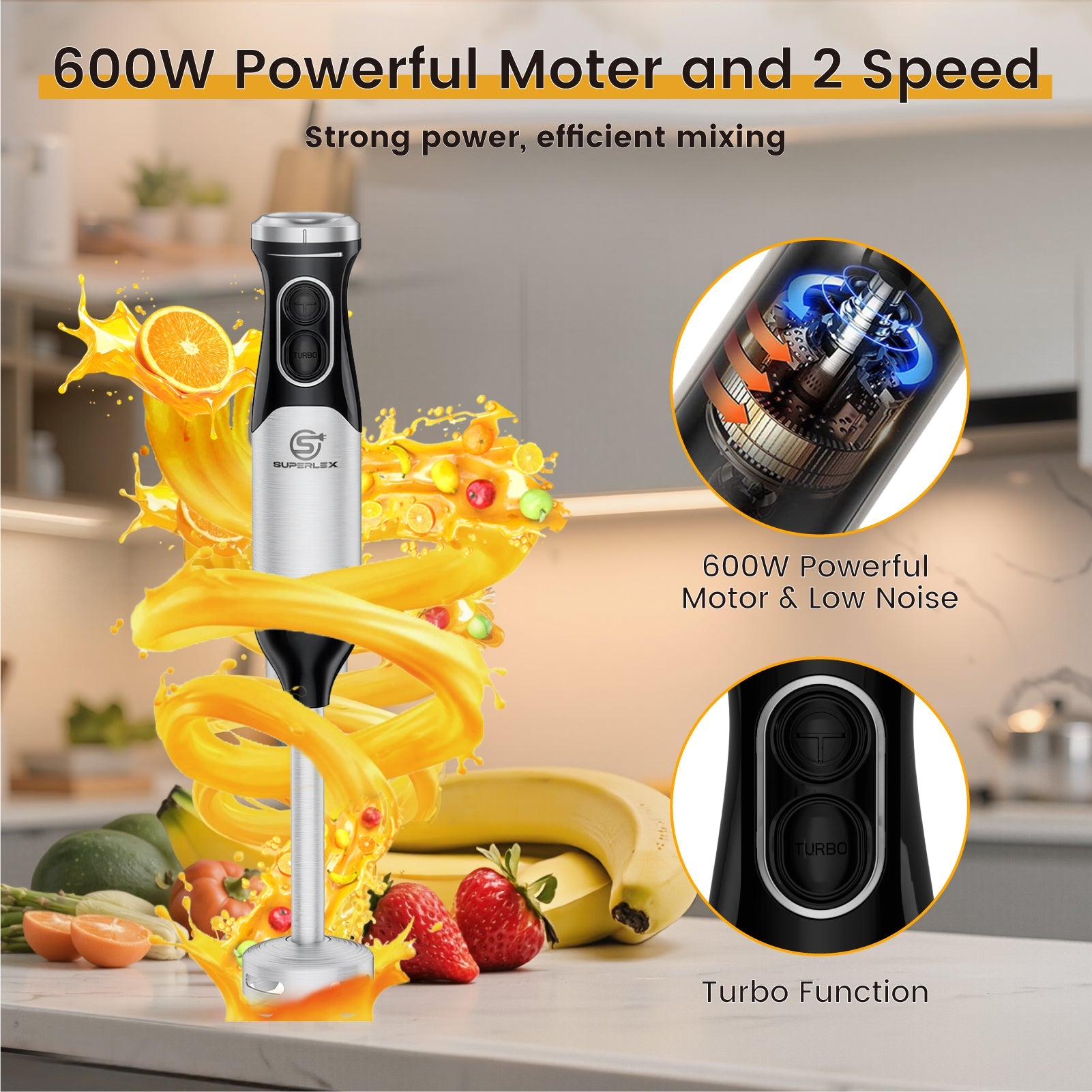 600W Stick Blender with Stainless Steel Blade & Adjustable Speeds - Image 2
